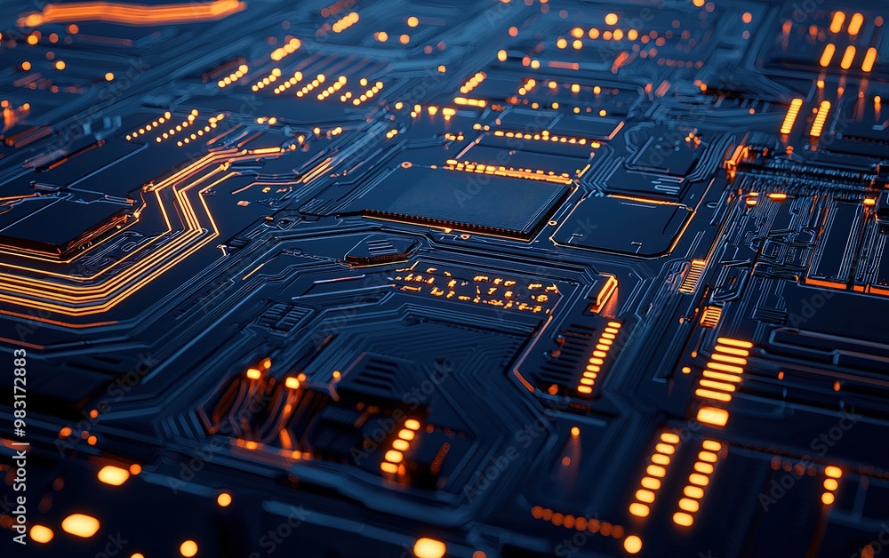 Poster close-up view of a circuit board with glowing lines and intricate patterns, showcasing modern techno