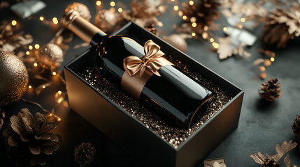 Luxury Wine Gift Box with Holiday Decorations. Luxury wine bottle, elegant black gift box, holiday decorations, celebratory atmosphere. gifting  holiday season.