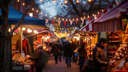 Naklejka premium Columbus Day Street Market at Dusk with Festive String Lights and Autumn Decor