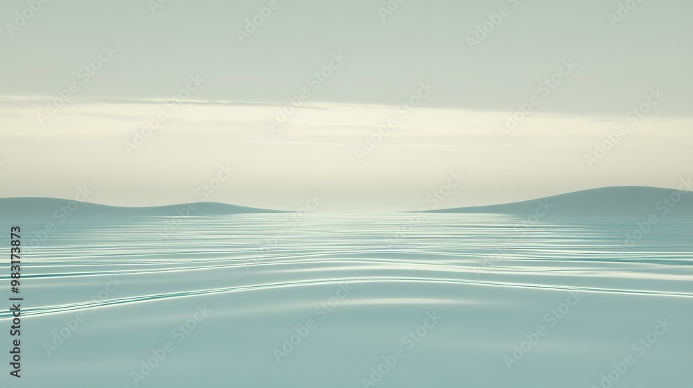 Poster calm and serene water surface reflecting soft clouds under a hazy sky during twilight