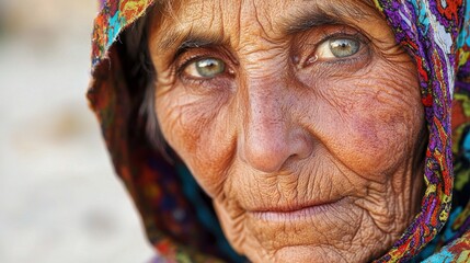 Sunlit outdoor scene depicts an elderly woman in a colorful shawl wearing deep wrinkles