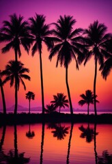 Naklejka premium vibrant silhouettes palm trees colorful sunset sky striking hues purple, orange, pink, backdrop, outline, tropical, evening, nature, landscape, scenery
