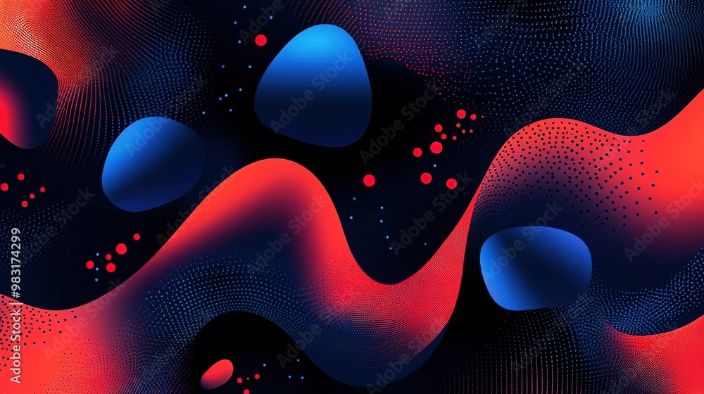 Poster Abstract swirling pattern with blue and red shapes on a dark background creating a vibrant visual effect
