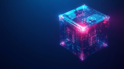 Futuristic Digital Cube with Neon Lights and Circuitry