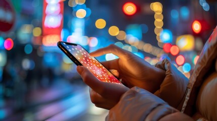 Individual engaged with smartphone against vibrant smart city background, space for text on left