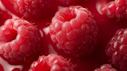  A cluster of raspberries arranged on a white and red tablecloth, with water beads dripping from them