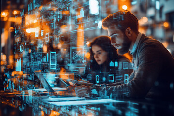 A diverse team of business professionals collaborates on innovative solutions using modern gadgets in a vibrant city environment