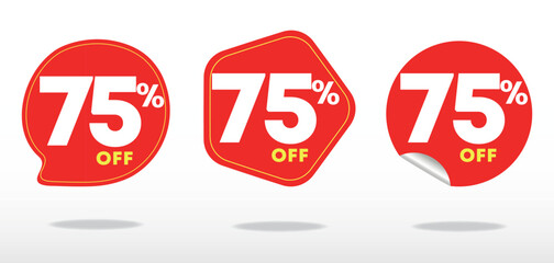 75% off. Offer label, value, price, sticker, quote. Poster, banner, social media, marketing, business. Ads campaign, sales, promo, retail, store. Vector, set, icon