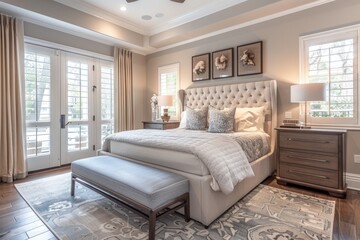 Tranquil Modern Bedroom with Upholstered Bed, Natural Light, and Earthy Tones