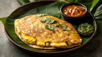 Egg dosa with spicy chutney on the side, isolated on a traditional Indian plate with banana leaf background