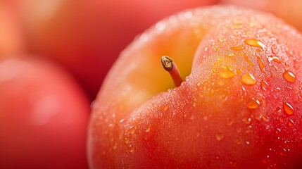 A red apple with water droplets on its surface, and a green apple in the background