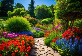 vibrant landscape design featuring travel themes lush colorful scenic pathways under clear blue skies, greenery, flowers, scenery, colors, nature, outdoor