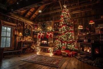 Cozy Rustic Christmas Cabin with Fireplace, Decorated Tree, and Stockings