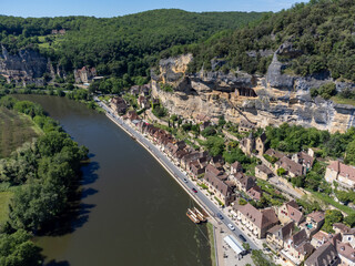 Aerial view on Dordogne river in  .La Roque-Gageac village located in Dordogne department in southwestern France