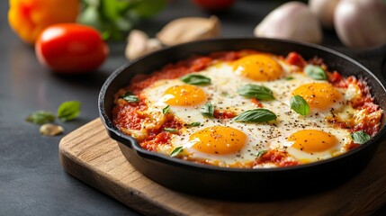 Fototapeta premium Eggs baked in tomato sauce with melted cheese, served in a cast iron pan, isolated on a wooden cutting board