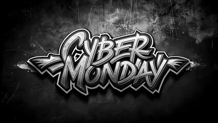 Black and white Cyber Monday graffiti style lettering on dark textured background. AI, Generation, Illustration.