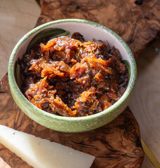 Cheese collection, Spanish matured cheese and onion chutney close up