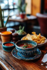 Fototapeta premium Appetizing Mexican salsa and chips served in a rustic setting, showcasing a vibrant and flavorful Mexican dish.