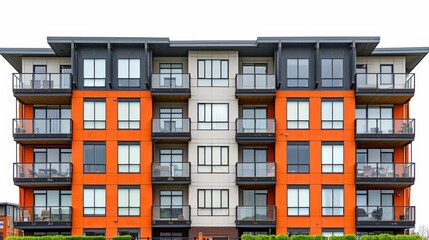 Contemporary high rise apartment building against a bright blue sky ideal for text overlay