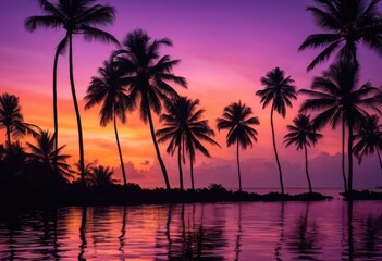 Fototapeta premium tropical oasis dusk featuring vibrant palm silhouettes colorful sky, evening, nature, landscape, scenery, exotic, trees, light, shadow, reflection, horizon