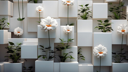 Abstract background of geometric rectangular shapes and white flowers