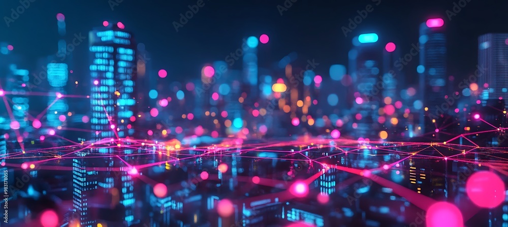 Poster a futuristic world with ai-controlled energy grids and glowing digital infrastructure