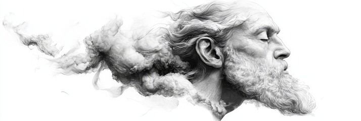  A monochrome image of a man's face with smoke emanating from his ears and the back of his head