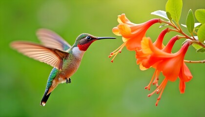 Fototapeta premium A Ruby-Throated Hummingbird Hovering Near Orange Trumpet Flowers