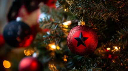 close-up of a red christmas tree ornament with a black star, hanging on a decorated christmas tree