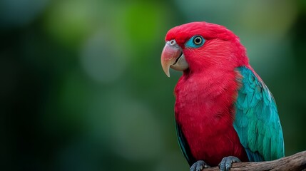  A tight shot of a red and blue bird perched on a branch against softly blurred background trees