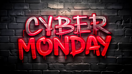Fototapeta premium Bright red Cyber Monday lettering, graffiti style, on a dark brick wall. AI, Generation, Illustration.