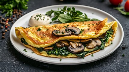 Fluffy omelette filled with mushrooms, spinach, and cheese, served on a white ceramic plate, isolated on a dark stone background