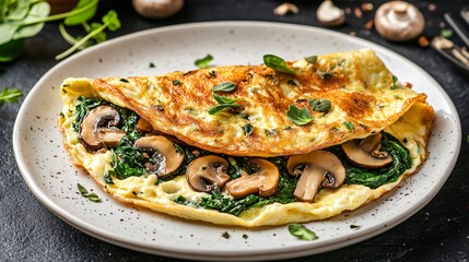 Fluffy omelette filled with mushrooms, spinach, and cheese, served on a white ceramic plate, isolated on a dark stone background