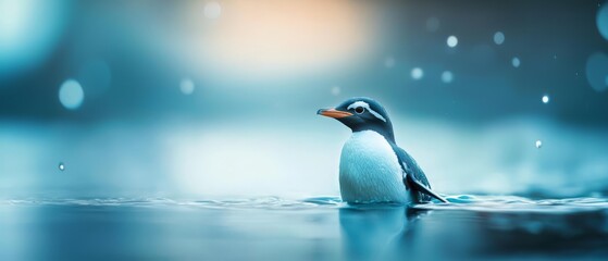 Fototapeta premium A tiny penguin atop water's surface, speckled with droplets, backdrop softly blurred