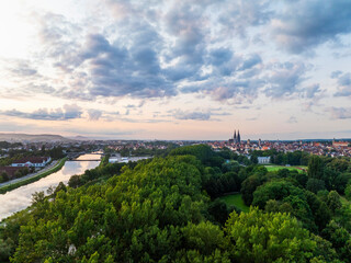 aerial images of the city of Regensburg, Germany at sunrise.