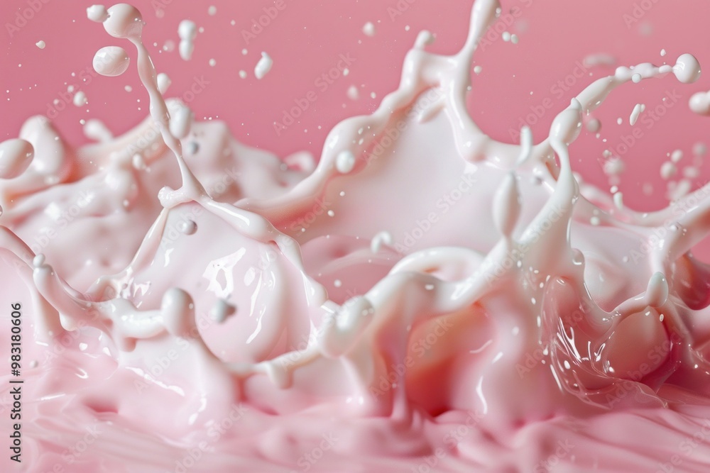 Poster white liquid splashing into pink liquid creating a dynamic splash on a pink background