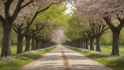 Obraz premium Breathtaking spring stroll through a cherry blossom-lined road with vibrant greenery and blooming flowers along the pathway
