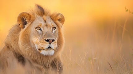 Obraz premium A tight shot of a lion in a sea of tall grass, bathed in sunlight upon its face