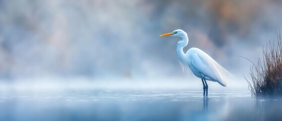  A white bird atop a water body, near a tall grass- and reed-covered shoreline