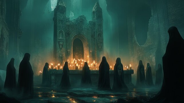 Mysterious Gathering in an Ancient Temple with Candlelight