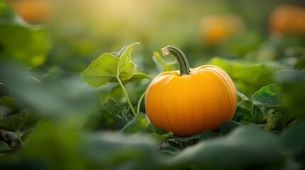  A tiny orange pumpkin sits amidst a lush sea of green lettuce Sunbeams radiate behind