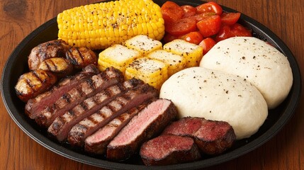 A plate features tender braised meat accompanied by fresh vegetables and soft, fluffy bread, enjoyed outdoors in Phuket, Thailand against a beautiful garden backdrop