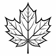 Single maple leaf, simple and clean line art, black and white, symmetrical with sharp points and detailed veins, minimalistic and elegant, crisp outlines, isolated on a white background, vector