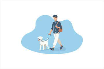 Young man with backpack walking dog. Vector illustration.