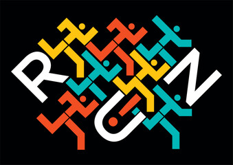Joggers, running race, word run.
Illustration of runners symbol with run lettering on black background. Vector available.
