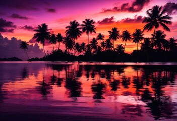 vibrant palm silhouettes stunning sunset views creating breathtaking tropical scene, color, sky, clouds, orange, red, yellow, nature, landscape, evening
