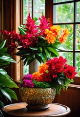 Obraz premium vibrant botanical decor featuring rich textures bright colors lively interior aesthetic, plants, greenery, floral, design, arrangement, home, nature, style