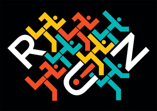 Joggers, running race, word run.
Illustration of runners symbol with run lettering on black background. Vector available.
