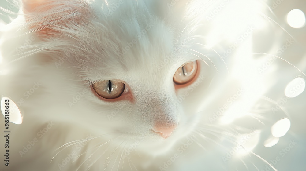 Aufkleber a serene white cat resting and gazing curiously in soft sunlight with gentle highlights creating a t