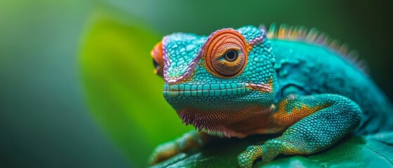 Fototapeta premium A tight shot of a chameleon, green and orange, perched on a verdant leaf Background softly blurred